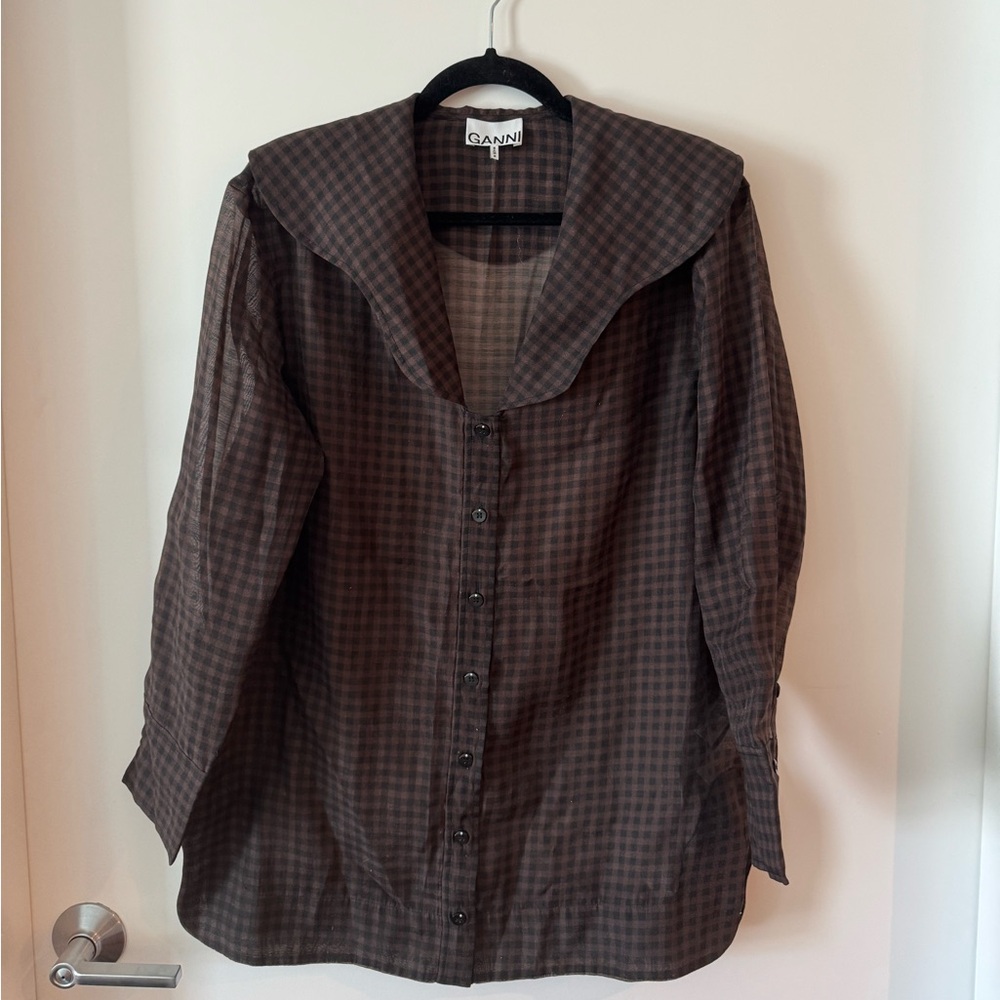 GANNI Brown Checkered Button-Up Blouse, size 36